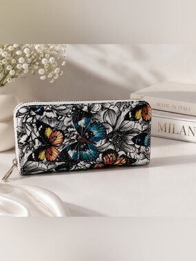 Made in Italy leather Butterfly Garden Zip Wallet Art Print Wallet Excellent